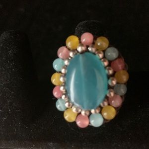 Gorgeous Vtg Teal Stone with Silver & Multicolored Stone Beads Adjustable Ring